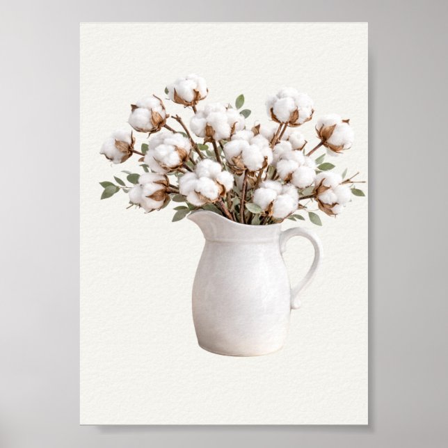 Póster Flores de Algodón en Jarra Blanca Botánica Estilo  (Frente)