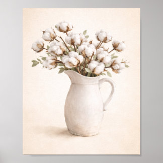 Póster Flores de Algodón en Jarrita Blanca Neutral Rústic