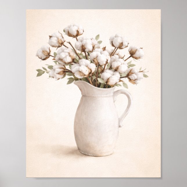 Póster Flores de Algodón en Jarrita Blanca Neutral Rústic (Frente)