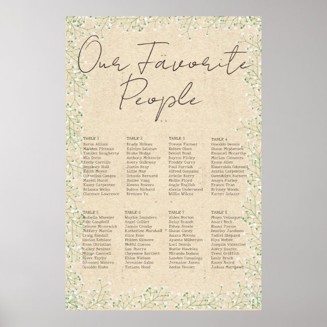 Póster Flores de aliento del bebé: Rústica tabla de asien (Frente)