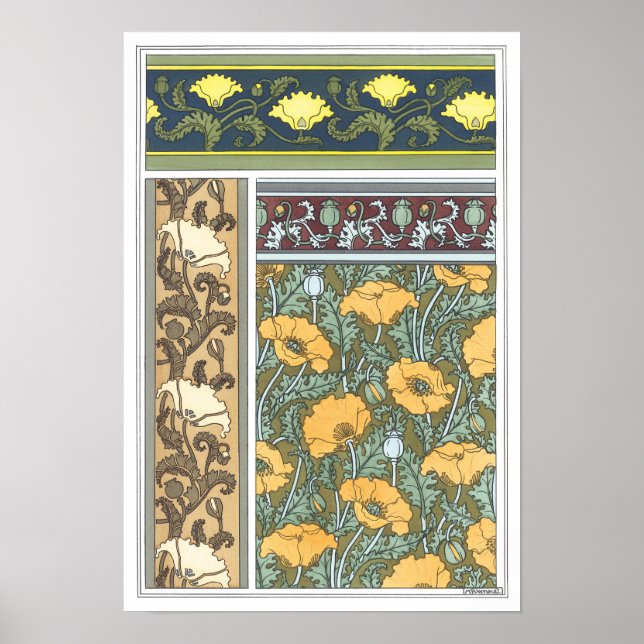 Póster Flores de amapola Art Nouveau floridas (Frente)