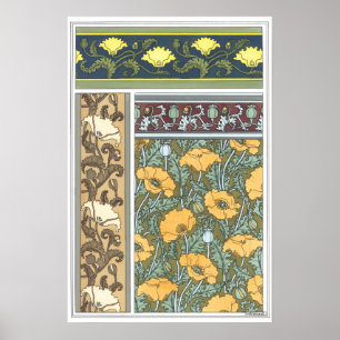 Póster Flores de amapola Art Nouveau floridas