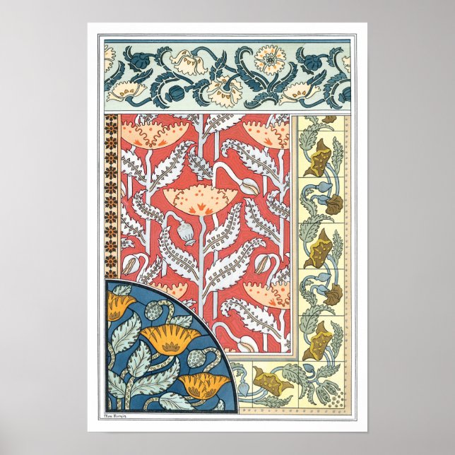 Póster Flores de amapola Art Nouveau floridas (Frente)