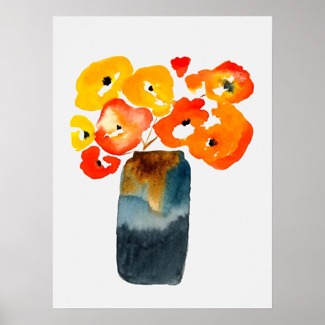 Póster Flores de amapola naranja acuarela (Frente)