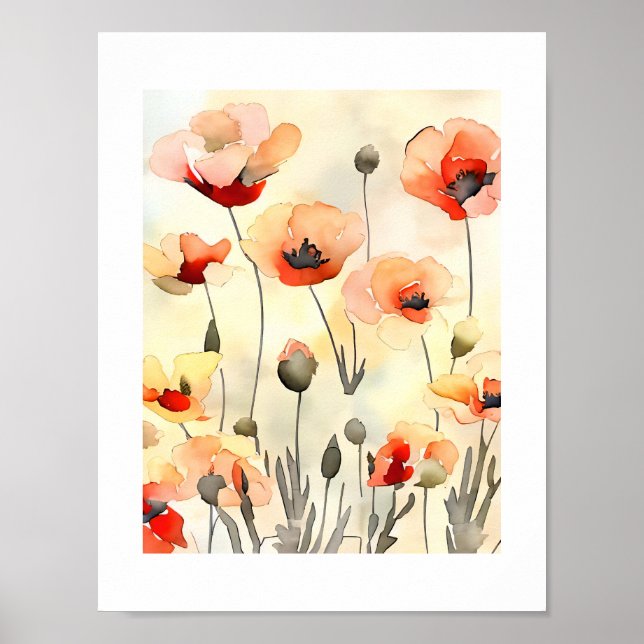 Póster Flores de amapola Pintura minimalista acuarela (Frente)