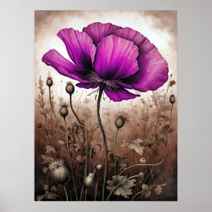 Póster Flores de amapola rosa Flores silvestres florecen 