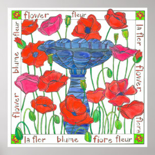 Póster Flores de amapola rosa Jardín Bañera de pájaro