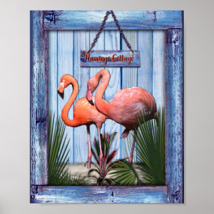 Póster Flores de arty rosa sobre textura de madera azul