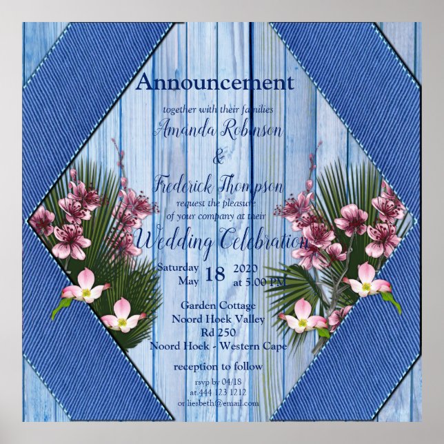 Póster Flores de arty rosada sobre textura de madera azul (Frente)