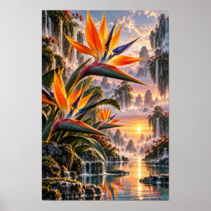 Póster Flores de Ave del Paraíso en Valle de Cascada al A