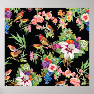 Póster Flores de aves silvestres: Vintage negro