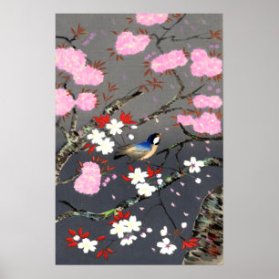 Póster Flores de aves y cerezos Bakufu Ohno 1949