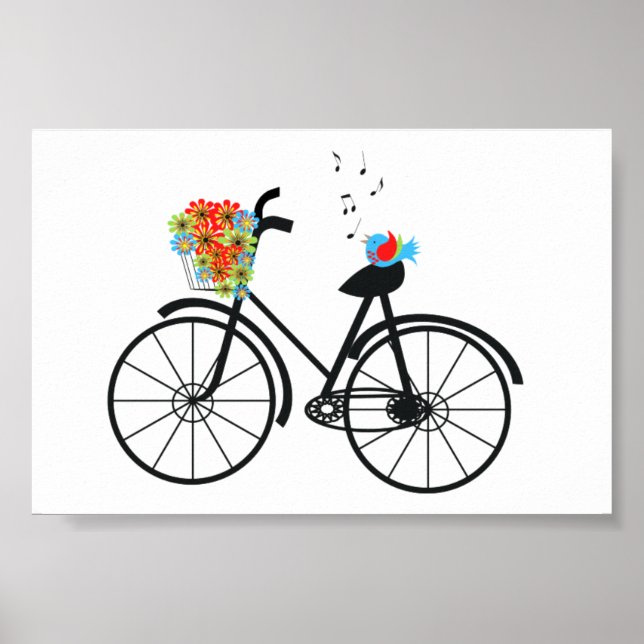 Póster Flores de bicicleta y pájaro de moda antiguas (Frente)