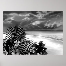 Póster Flores de Black White Beach Ocean Palm Hibiscus