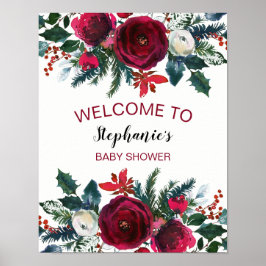 Póster Flores de borgoña en invierno acuarela