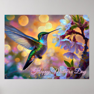 Póster Flores de Cerezo Amanecer Día de la Madre Colibrí