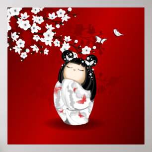 Póster Flores de cerezo blanco rojo de muñeca Kokeshi