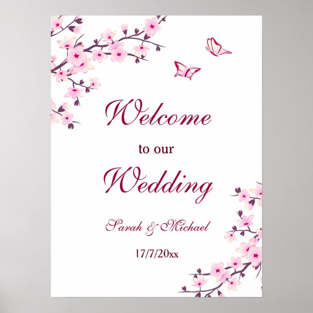 Póster Flores de cerezo Boda blanco rosado (Frente)
