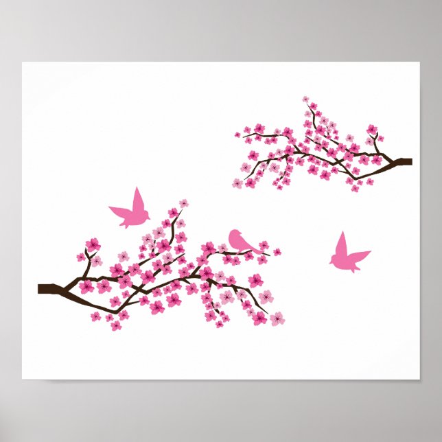 Póster Flores de cerezo y aves (Frente)