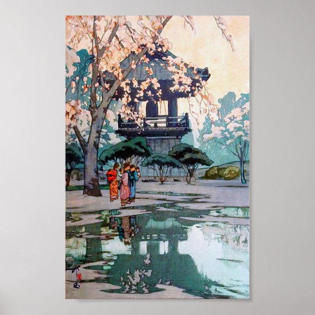 Póster Flores de cerezo y Belfry, Hiroshi Yoshida (Frente)