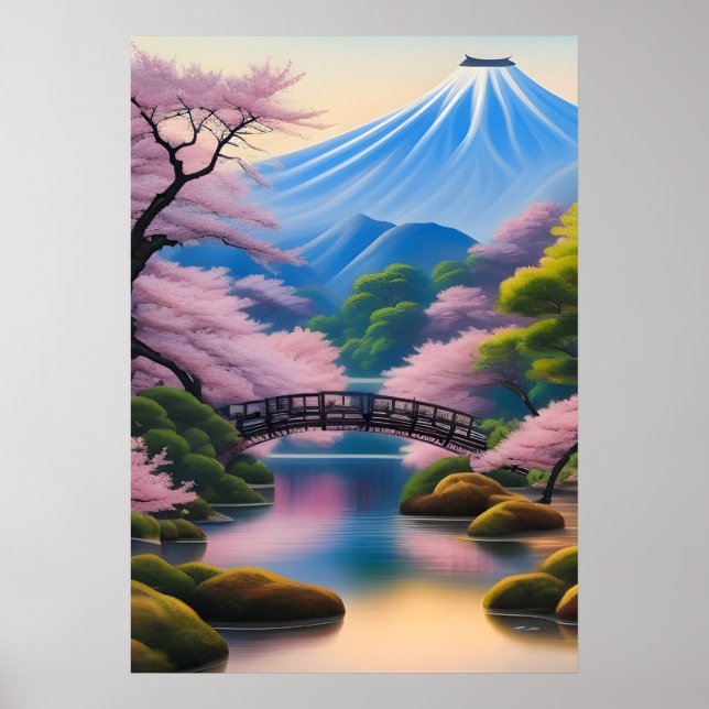 Póster Flores De Cerezo Y Montaña De Paisaje Japonés (Frente)