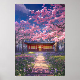 Póster Flores de cerezo y un templo tradicional