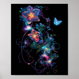 Póster Flores De Ciberpunk Coloridas En El Jardín De La F