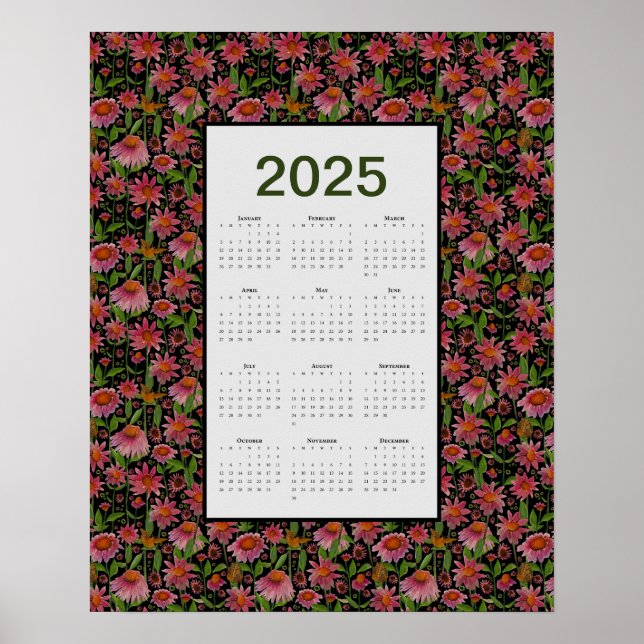 Póster Flores de cono de año completo del calendario 2025 (Frente)