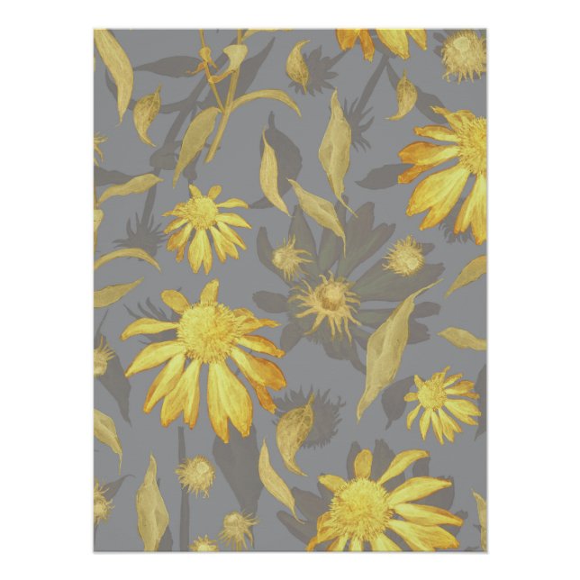 Póster Flores de cono gris amarillo dorado y elegantes (Anverso)