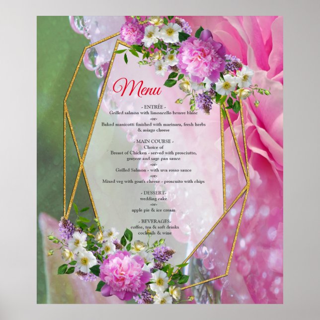 Póster Flores de coral, hierba y peones rosados (Frente)
