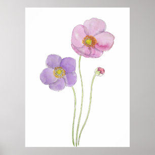 Póster flores de cosmos púrpura y rosa pintadas a mano ti