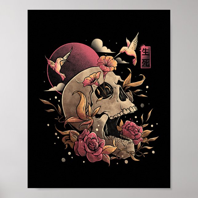 Póster Flores de cráneo de vida y muerte esqueleto Hallow (Frente)