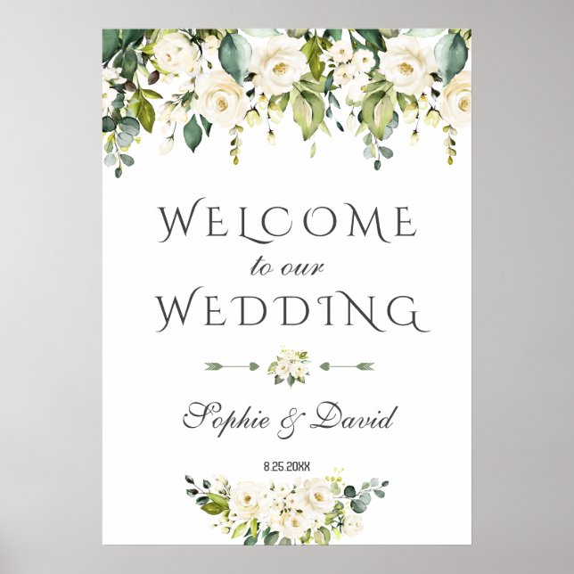 Póster Flores De Crema Blanca Elegante Bienvenidos Rótulo (Frente)