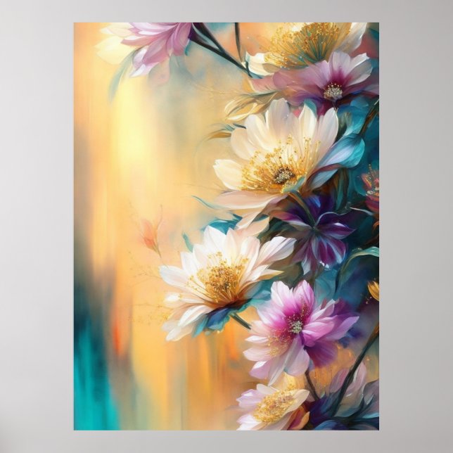 Póster Flores de Crema Verde azulada Rosa Azul Hermosa Fl (Frente)