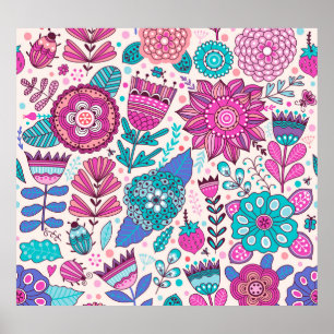 Póster Flores de doodle botánico, sin costura, textura vi