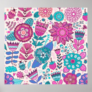 Póster Flores de doodle botánico, sin costura, textura vi