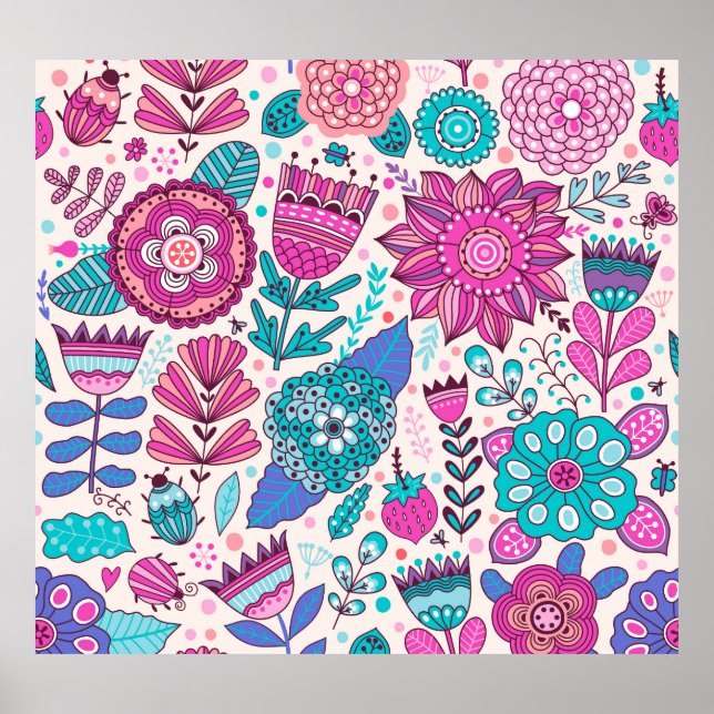 Póster Flores de doodle botánico, sin costura, textura vi (Frente)