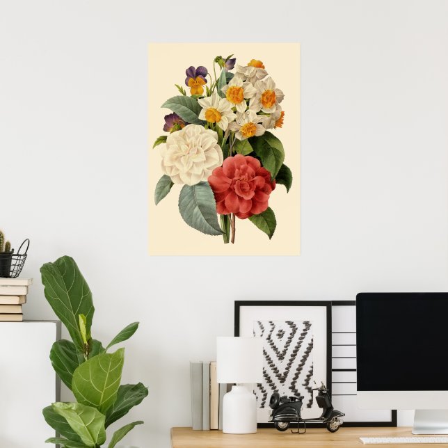 Póster Flores de época, camellias y narcisos, Redoute (Oficina en casa)
