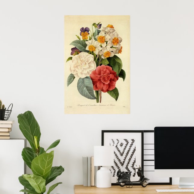 Póster Flores de época, camellias y narcisos, Redoute (Oficina en casa)