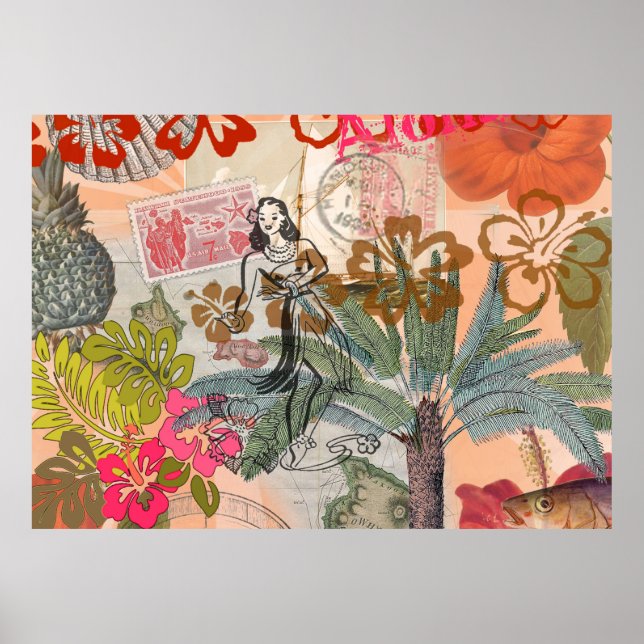 Póster Flores de época tropical hawaiana colorida hula (Frente)