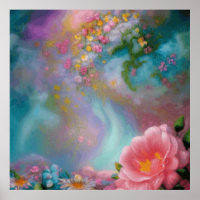 Flores De Fantasía Pintadas En Rosa Y Turquesa