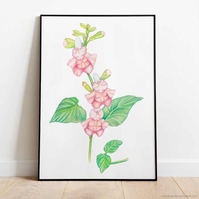 Póster Flores de fantasía rosada caprichosas y acuarela (magical watercolor illustration featuring three darling pink flower beings on a vibrant green stem)