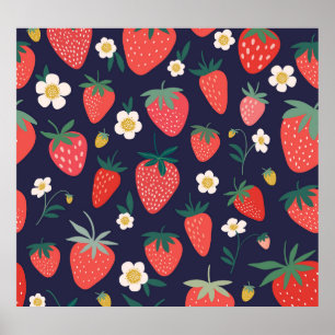Póster Flores de fresa y frutas: patrón decorativo