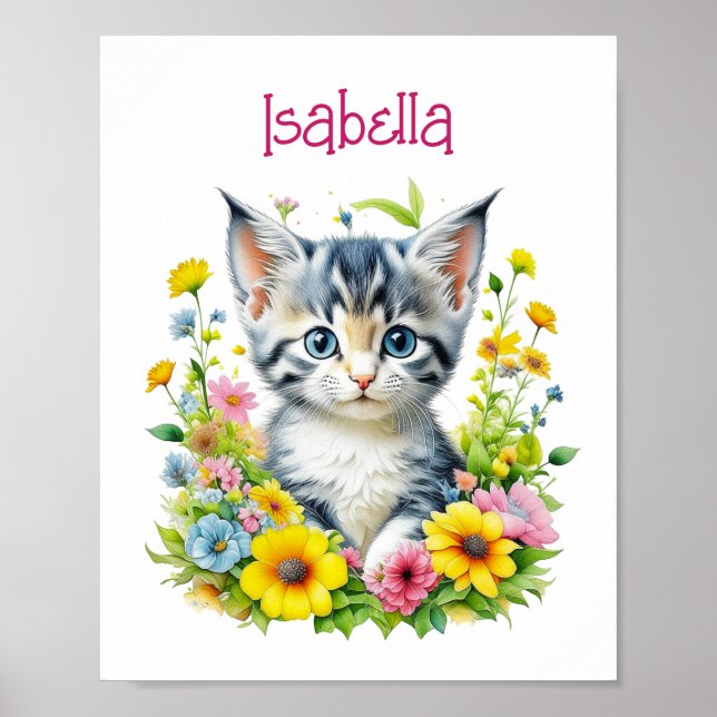Póster Flores de gatito acuarela personalizadas (Frente)