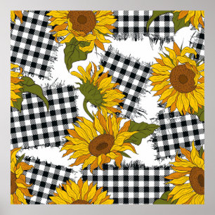 Póster Flores de girasol brillantes en parches a cuadros.