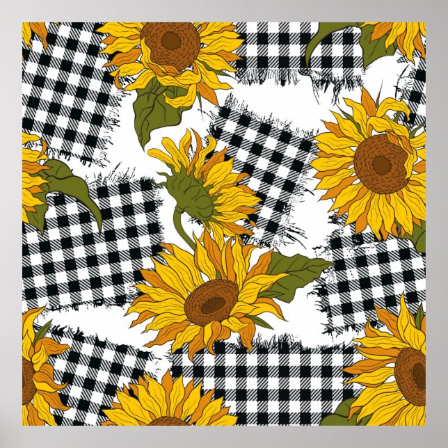 Póster Flores de girasol brillantes en parches a cuadros. (Frente)
