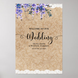 Póster Flores de glicinia morada Boda signo de bienvenida