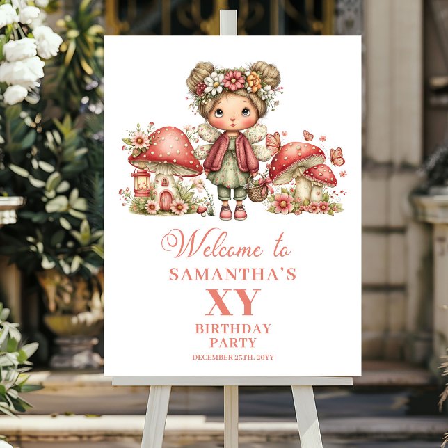 Póster Flores de Hada Encantadoras de Cumpleaños de Bienv (Delightful Fairy Pink Flowers Birthday Welcome Poster)