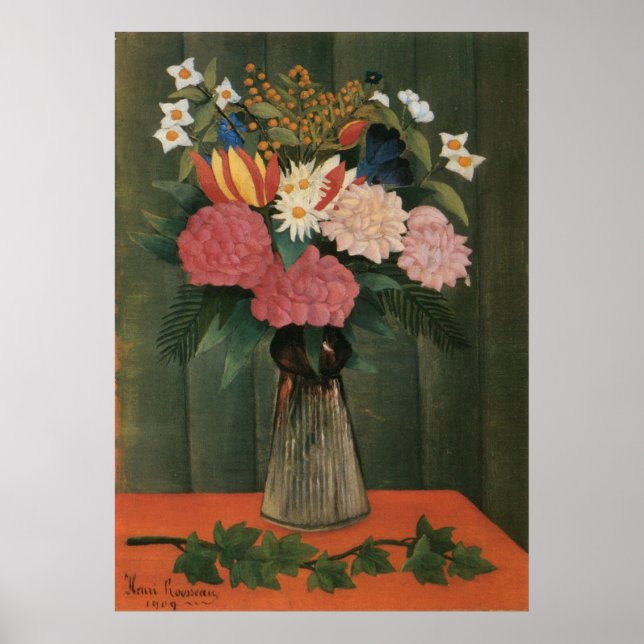 Póster Flores de Henri Rousseau en una vara (1909) (Frente)