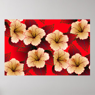 Póster flores de hibisco de marfil patrón sin fisuras en
